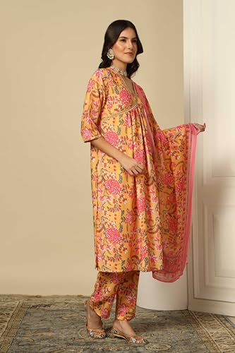 Greciilooks Women Semi Cotton Alia Cut Regular Fit Kurta Set (Yellow, Large)