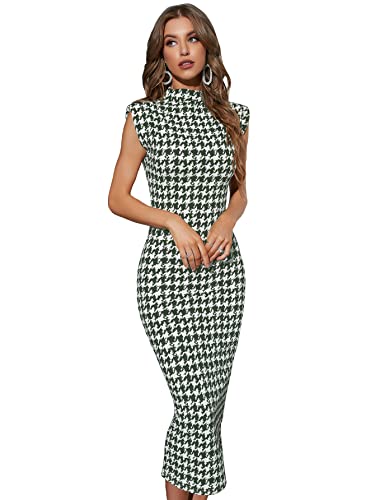 Image of WDIRARA Women's Houndstooth Mock Neck Cap Sleeve Bodycon Dress