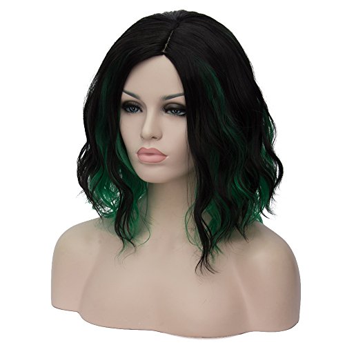 Image of BERON Black and Green Wigs Women Short Curly Wavy Wig Girls Mixed Color Shoulder Length Side Part Halloween Cosplay Party or Daily Use Wig