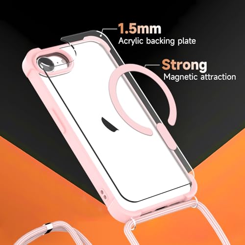 Coque iPhone 16e antichoc transparente anti-perte avec sangle rose et aimant intégré