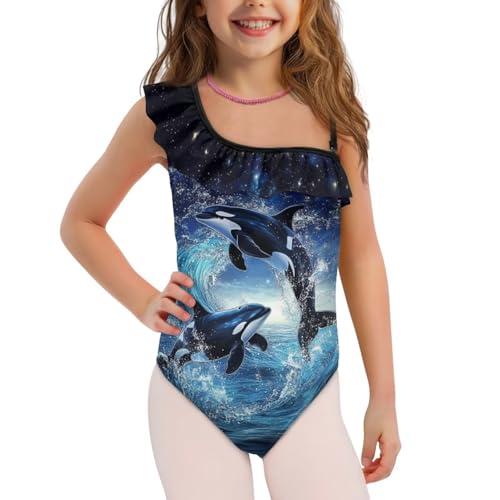 Image of Xpyiqun Swimsuits for Girls 3-14 1-Shoulder Ruffle Bathing Suit One Piece Adjustable Halter Swimming Wear