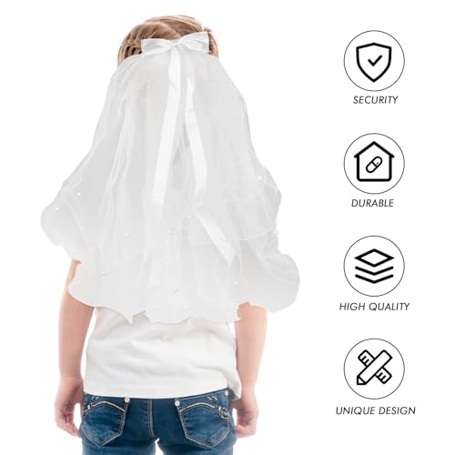 Flower Girl First Communion Veils Headband Pearl Bowknot Dual- layer Wedding Veil Wedding Baptism Communion Headpiece with Comb Hair Accessories4