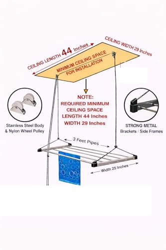 Image of Purnima Marketing PM Heavy Duty Stainless Steel (6 Pipe X 3 Feet) ECODRY Model with UV Protected Nylon Rope Ceiling Cloth Dryer | Cloth Drying Stand for Balcony | Clothes Stand for Drying