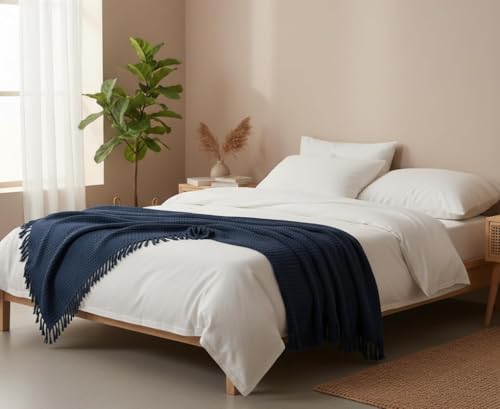 Image of 100% Cotton Waffle Weave Sofa Throw Blanket 50x60 Inches or 125x150 cms Lightweight, Soft & Breathable Couch, Bed or Chair Throw Blanket for Living or Bedroom, Navy Blue