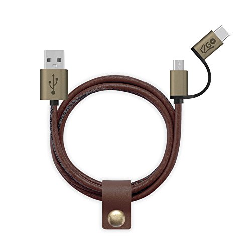 Cabo 2 Em 1 Micro USB + USB-C Em Couro I2GO 1,5m 2,4A - Leather Fashion Series