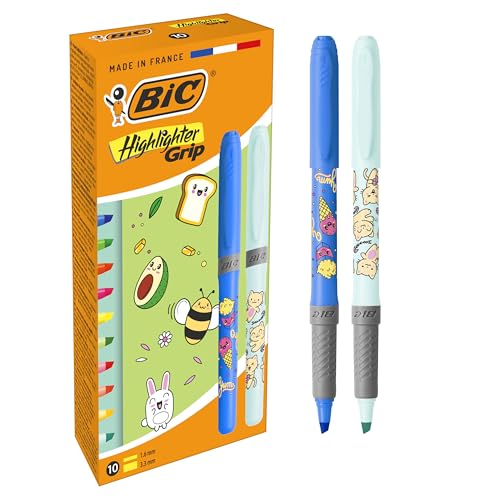 BIC Highlighter Grip Decors Serie Kawaii Bolígrafo de Punta Biselada - Colores Neón Surtidos, Pack de 10