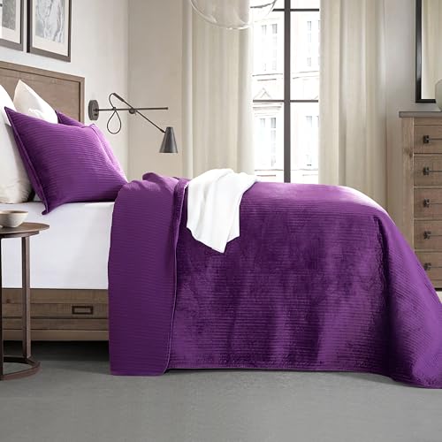 Elegant Comfort Luxury 3-Piece Velvet Corduroy Stripe Quilt Set, Ultra Soft Bedspread - Cozy Velvet Coverlet Set - 3PC Medium Weight Quilted Set with Matching Pillow Shams, California King, Purple