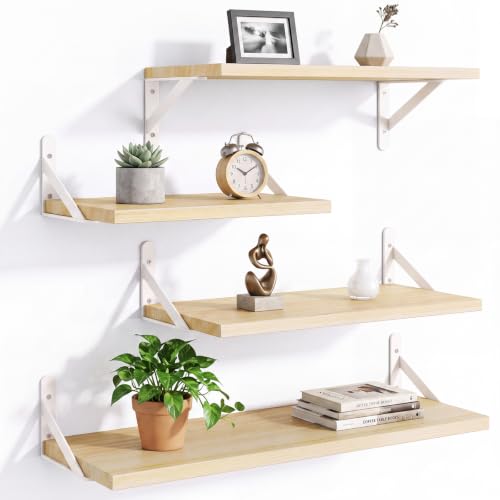 YGEOMER 4 Different Sizes Floating Shelves for Wall Decor, Natural Wood