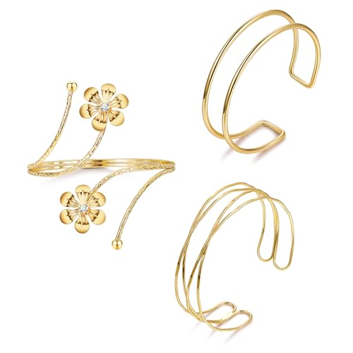 REVOLIA 3Pcs Arm Cuff Bracelet Gold Upper Arm Band Cuff for Women Adjustable Arm Cuff Bangle Bracelet Minimalist Coil Flower Armlet Armband Jewelry Set