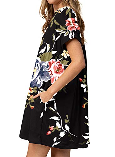Image of Jayscreate Women's Baby Doll Dress Summer Casual Tunic Pleated Flowy Swing Short Sleeve Black V Neck Mini Dress