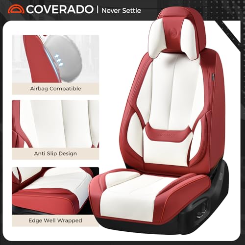 Image of Coverado Seat Covers Full Set, 5 Seats Seat Covers for Cars, Waterproof Nappa Leather Car Seat Covers with Head Pillow, Seat Protectors Car Seat Cushion Universal Fit for Most Cars (Red&White)