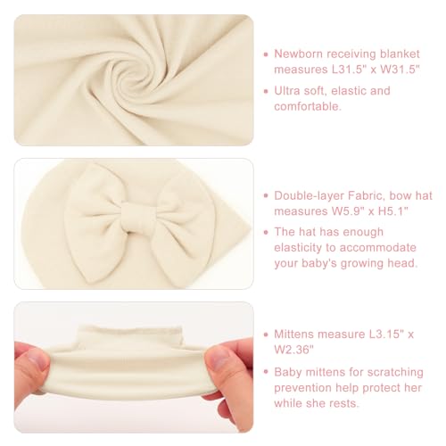 Image of AQOKKA Newborn Receiving Blanket with Bow Hat Mittens Wooden Card Set Newborns Toddler Baby Boy Girl Nursery Swaddle Wrap