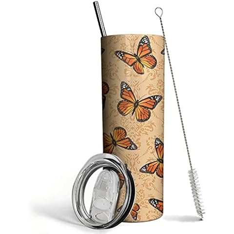 Mofvugz Butterfly Tumbler with Lid and Straw, Butterfly Gifts for Women, Butterfly Cup Water Bottle Coffee Mug, Stainless Steel Thermal Insulated Tumblers 20 Oz, Butterfly Decor Stuff, Vintage Style Cover