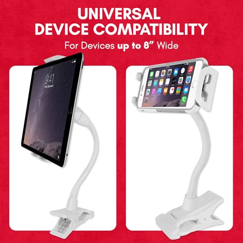 Macally Clip On Tablet Holder | Gooseneck iPad Holder for Bed, Stroller, Airplane, Desk (Universal Tablet Compatibility) Strong and Secure iPad Arm Mount, Tablet Clamp Mount, Kindle Holder