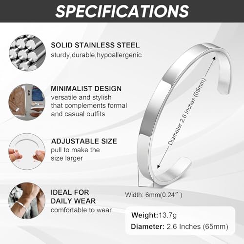 MEALGUET Stainless Steel Mens Cuff Bracelet : Minimal Cool Silver/Black/Gold Open Metal Cuff Bangle Bracelets for Men,Mens Bracelet Jewelry Gift4