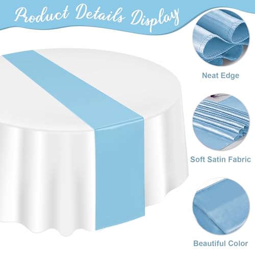 Image of 12Pack 12x108 Inch Satin Table Runner and 84 Inch Round Plastic Tablecloths White Light Blue Disposable Round Table Cover for Graduation Wedding Bridal Shower Anniversary Birthday Party Decorations