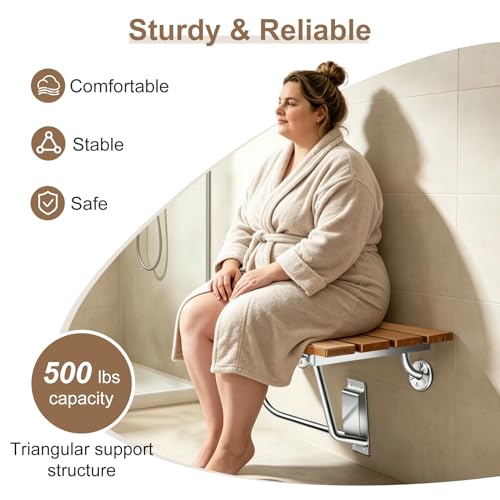 Banc de douche pliant en teck de 71 cm et acier inox élégant - 4