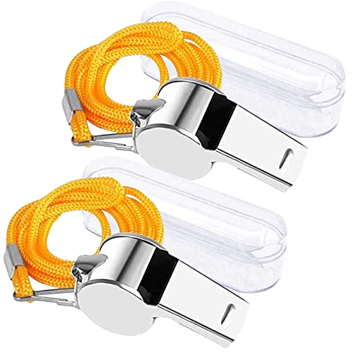 Silbato de Entrenador Deportivo, 2 Piezas de Acero Inoxidable Profesional árbitros Silbato con cordón Amarillo para la Escuela, Partido, fútbol, Salvavidas Cover