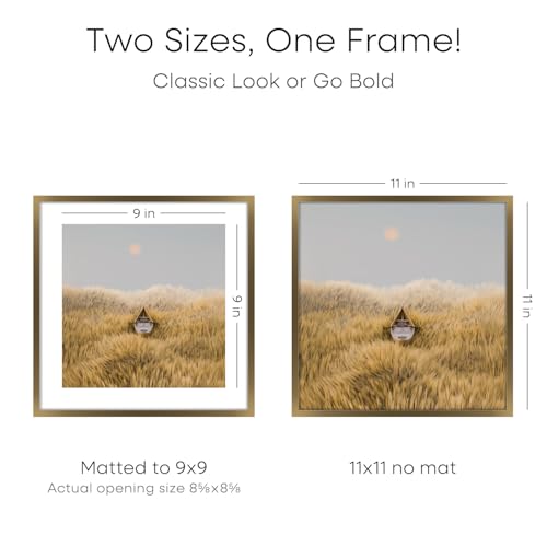 Image of Homeforia 11x11 Picture Frame Brass, High End Metal 11 by 11 Square Bronze Frames with Mat 9 x 9 Photo, 11by11 Poster Frame Matted to 9x9 Print, Wall Hanging Frames, Tempered Glass, Wall Kit, Set of 2