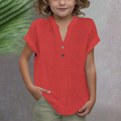 Cotton Linen Shirts for Girls Fashion V Neck Button Henley Blouse Kids 2025 Summer Lightweight Beach Holiday Tops2