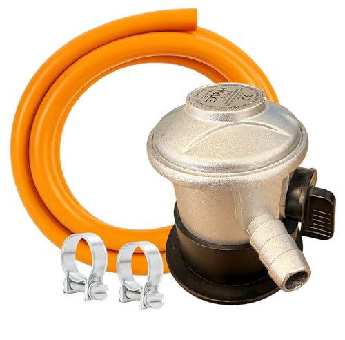Kit Completo de Gas Butano con Regulador 29 mbar, Manguera Naranja 1,5 m, 2 Abrazaderas, Llave de Corte Integrada, Uso doméstico (cocinas, barbacoas, estufas, camping)