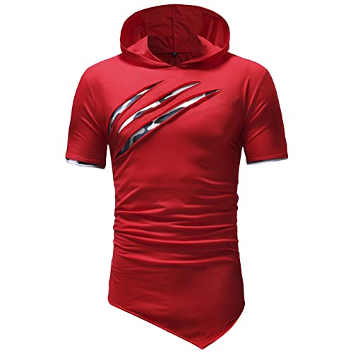 Maiyifu-GJ Mens Hip Hop Ripped Hoodie Tops Short Sleeve Hooded Workout Sweatshirts Casual Athletic Hoodies T-Shirt Pullover (Red,XX-Large)