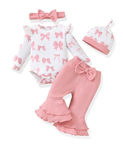 Renotemy Newborn Infant Baby Girl Clothes 0-3 Months Baby Girl Outfit Infant Long Sleeve Romper Clothes Coming Home Newborn Essentials Outfits Gifts Pink Bell Bottom Pants Bodysuit Clothing Set
