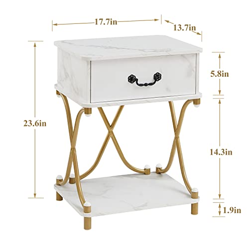 Vecelo White And Gold Nightstands Set Of 2 With Drawer For Bedroom, Endtable Bedside Table With Storage & Open Shelf For Living Room, Modern Style #TOP2