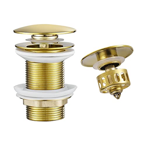 WOMAO Or Bonde de Lavabo Pop Up Sans Trop Plein,Bouchon de Vidange avec Panier à Crépine,Bonde de vidage pour lavabo de salle de bain Laiton