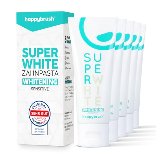 happybrush Vegan Toothpaste SuperWhite Protect s okusom metvice - pasta za izbjeljivanje zubi za bijele zube - pakiranje za pohranu (5 x 75 ml)