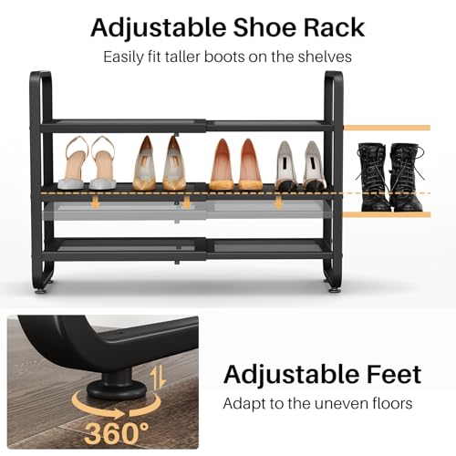Image of SNTD Shoe Rack - Expandable Shoe Organizer for Closet, Adjustable Metal Shoe Shelf Storage, Stackable Long Shoe Stand Holder for Garage, Entryway, Door Entrance (Black, 3-Tier)