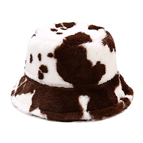 Dirholl Womens Winter Faux Fur Fuzzy Warm Bucket Hat Cow Pattern Brown