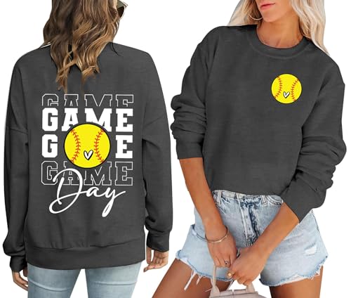 LIWYLU Game Day Sweatshirt Women Funny Football Season Soccer Baseball Mom Sports Lover Casual Pullover Crewneck Long Sleeve Top-Dark Grey XL