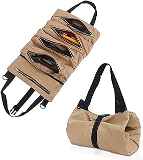 Tool Roll, RealPlus Multi-Purpose Canvas Tool Roll, Wrench Roll Pouch, Roll Up Tool Bag with 5 Zipper Pockets, Tool Organisers for Car Motorcycle (Khaki)