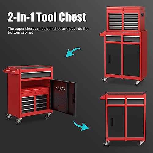 COSTWAY Large Rolling Tool Cabinet, 2-in-1 Detachable Metal Tool Chest with Drawers, Wheels, Handle & Hooks, Lockable Tool Box Trolley for Garage Workshop (5 Drawer with Adjustable Shelf, Red+Black) 5 COSTWAY Large Rolling Tool Cabinet, 2-in-1 Detachable Metal Tool Chest with Drawers, Wheels, Handle & Hooks, Lockable Tool Box Trolley for Garage Workshop (5 Drawer with Adjustable Shelf, Red+Black) - Image 5