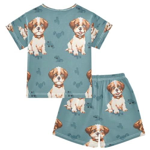 senya Short Sleeve Pajamas Sets Summer Cotton Sleepwear Brown White Puppy2