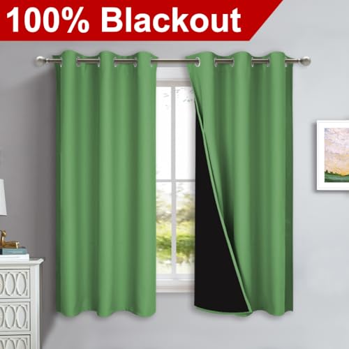 Image of NICETOWN 100% Blackout Short Curtains with Black Liners, 2 Panels, 37 inch W by 50 inch L, Forest Green, Solid Thermal Insulated Full Blackout 2-Layer Lined Drapes, Energy Efficiency Window Drapes for Bedroom