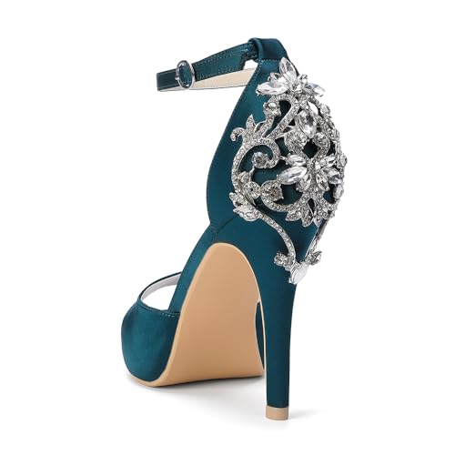 Image of Lady Satin Dress Platform High Heels Wedding Sandals Crystal Back with Free Earrings