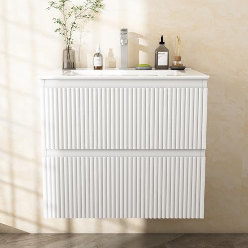Wumagin Conjunto Mueble de Baño 60 cm con Lavabo de Cerámica, Mueble Baño Suspendido 2 Cajones, Diseño Ranurado, Blanco