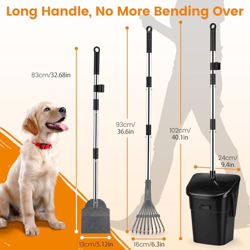 HAPPY HACHI Hundekotschaufel, 102cm Schwenkbehälter & Rechen Hundekotsammler mit 20 Abfallbeuteln, für Große und Kleine Hunde, Pooper Scooper mit Behälter zur Entfernung von Tierabfällen，3pc (3 Stück)