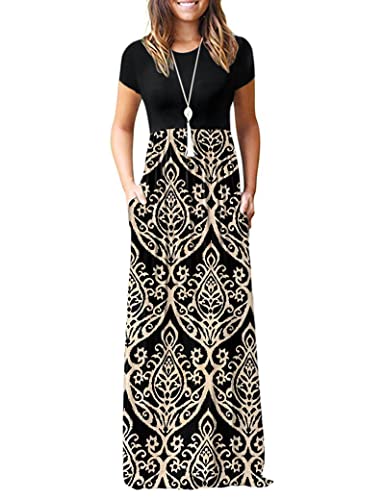 Image of MISFAY Women's Short Sleeve Maxi Dresses Long Casual Dresses with Pockets | Empire Elastic Waist, Crew Neck, Floor Length, Strentchy Flowy A Line Fit, Loose Plain Summer Outfits, Vacation Wear