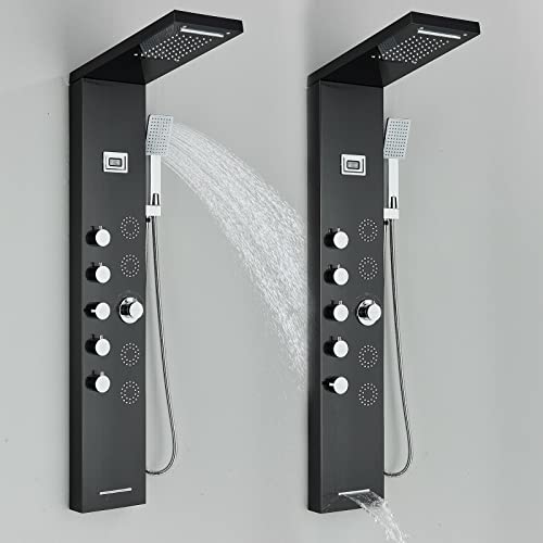 Panel de ducha de torre con sistema mezclador, chorro lluvia y masaje, fabricado en acero inoxidable y latón miniatura 5