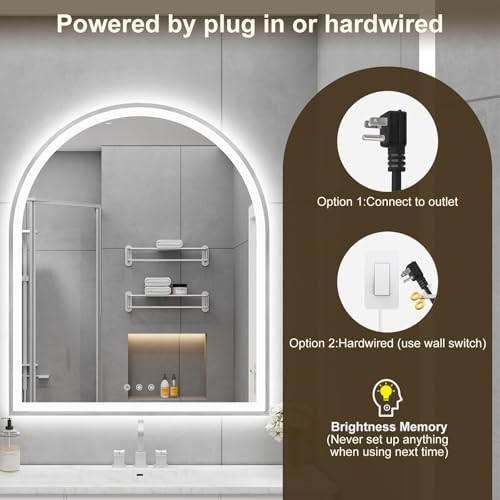 Image of Arched LED Mirror for Bathroom 30 inchx36 inch, Silver LED Bathroom Mirror with Lights-Fogless, Dimmable, 3 Color Changing, Touch Sensor