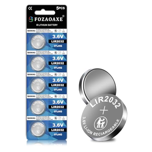 FOZAOAXE 2032 Battery Rechargeable 3.6V LIR2032 5 Pack 500+ Cycles Long-Lasting 2032 Batteries Leak-Proof ML2032 CR2032H Lithium Coin Cell