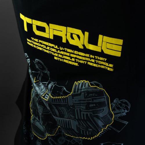 Image of TIIVRA Torque Black Biker Oversized Tshirt Half Sleeve for Men, Cotton, Drop Shoulder, Graphic Printed, Round Neck, High GSM, Back Printed, Black & Yellow Design