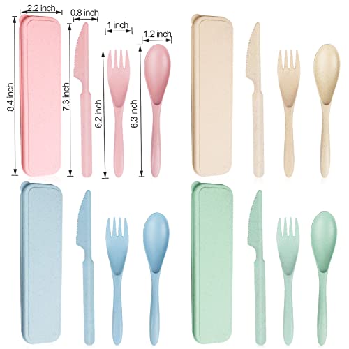 Reusable Travel Utensils Set with Case, 4 Sets Wheat Straw Portable Knife Fork Spoons Tableware, Eco-Friendly BPA Free Cutlery for Kids Adults Picnic Camping Utensils(Green, Beige, Pink, Blue) - Image 4