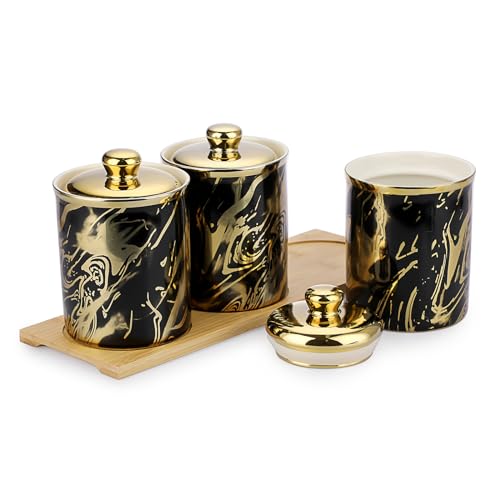 BTSKY Set di 3 contenitori ermetici in ceramica nera e oro con coperchio e vassoio in legno, set di 3 contenitori per alimenti con coperchio in ceramica dorata per bancone della cucina, EM1100