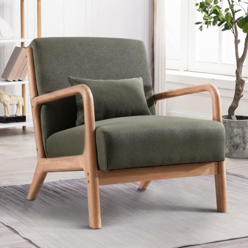 Image of Mid-Century Modern Accent Chair Set of 1, Upholstered Living Room Chairs with Waist Cushion, Reading Armchair for Home, Bedroom (Blackish Green)