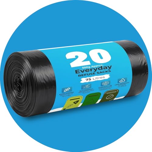 Roe Tenpo 20 Pack Black Bin Bags 75L 30 Micron Refuse Sacks Extra Strong Eco-friendly Leak-Resistant Bin Liners - Perfect for Home Office DIY & Garden (Packaging May Vary)