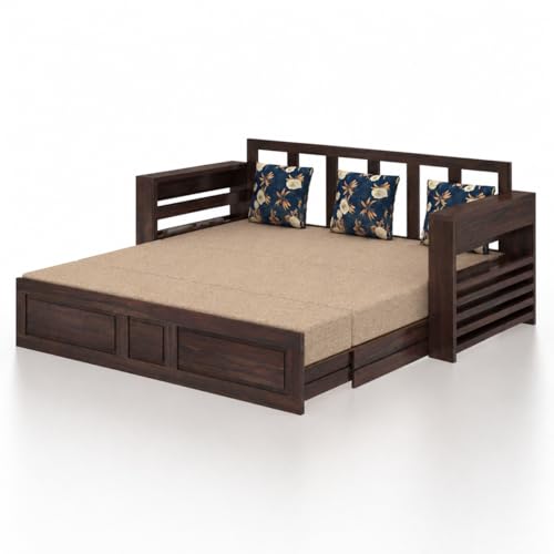 Image of Ganpati Arts Solid Sheesham Wood 3 Seater Lurid Sofa Cum Bed with Side Pocket for Living Room Bed Room | Wooden Bedroom Furniture for Home (Walnut Finish)